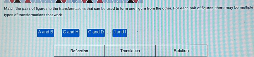 Match the pairs of figures to the transformations that can be used to form one figure from the other. For each pair of figures, there may be multiple
types of transformations that work.
A and B G and H C and D J and
Reflection Translation Rotation