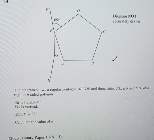 Diagram NOT
accurately drawn
The diagram shows a regular pentagon ABCDE and three sides, FE, EG and GH, of a
regular n-sided polygon.
AB is horizontal.
EG is vertical.
∠ DEF=69°
Calculate the value of n
(2023 January Paper 1 No. 15)