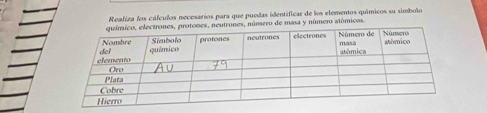 Realiza los cálculos necesarios para que puedas identificar de los elementos químicos su simbolo 
ero de masa y número atómicos.