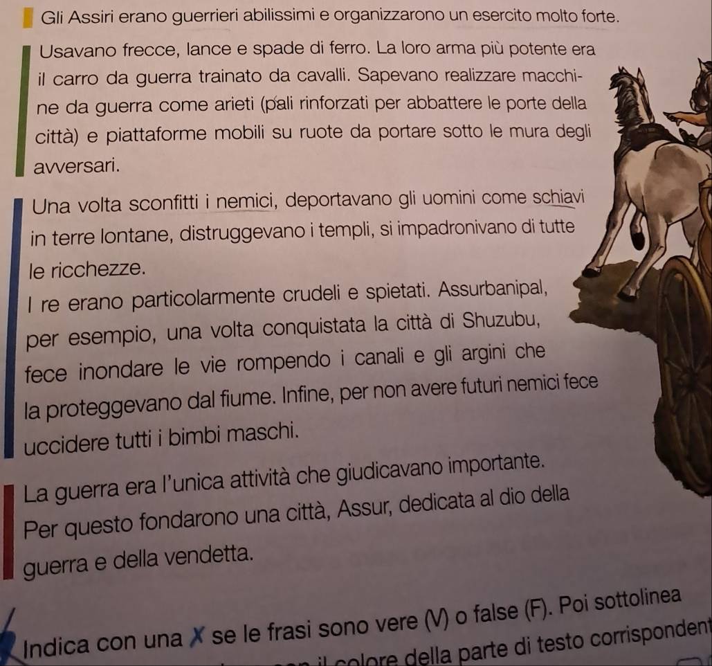 Gli Assiri erano guerrieri abilissimi e organizzarono un esercito molto forte. 
Usavano frecce, lance e spade di ferro. La loro arma più potente era 
il carro da guerra trainato da cavalli. Sapevano realizzare macchi- 
ne da guerra come arieti (pali rinforzati per abbattere le porte della 
città) e piattaforme mobili su ruote da portare sotto le mura degli 
avversari. 
Una volta sconfitti i nemici, deportavano gli uomini come schiavi 
in terre lontane, distruggevano i templi, si impadronivano di tutte 
le ricchezze. 
I re erano particolarmente crudeli e spietati. Assurbanipal, 
per esempio, una volta conquistata la città di Shuzubu, 
fece inondare le vie rompendo i canali e gli argini che 
la proteggevano dal fiume. Infine, per non avere futuri nemici fece 
uccidere tutti i bimbi maschi. 
La guerra era l'unica attività che giudicavano importante. 
Per questo fondarono una città, Assur, dedicata al dio della 
guerra e della vendetta. 
Indica con una X se le frasi sono vere (V) o false (F). Poi sottolinea 
colore ella parte di testo corrispondent