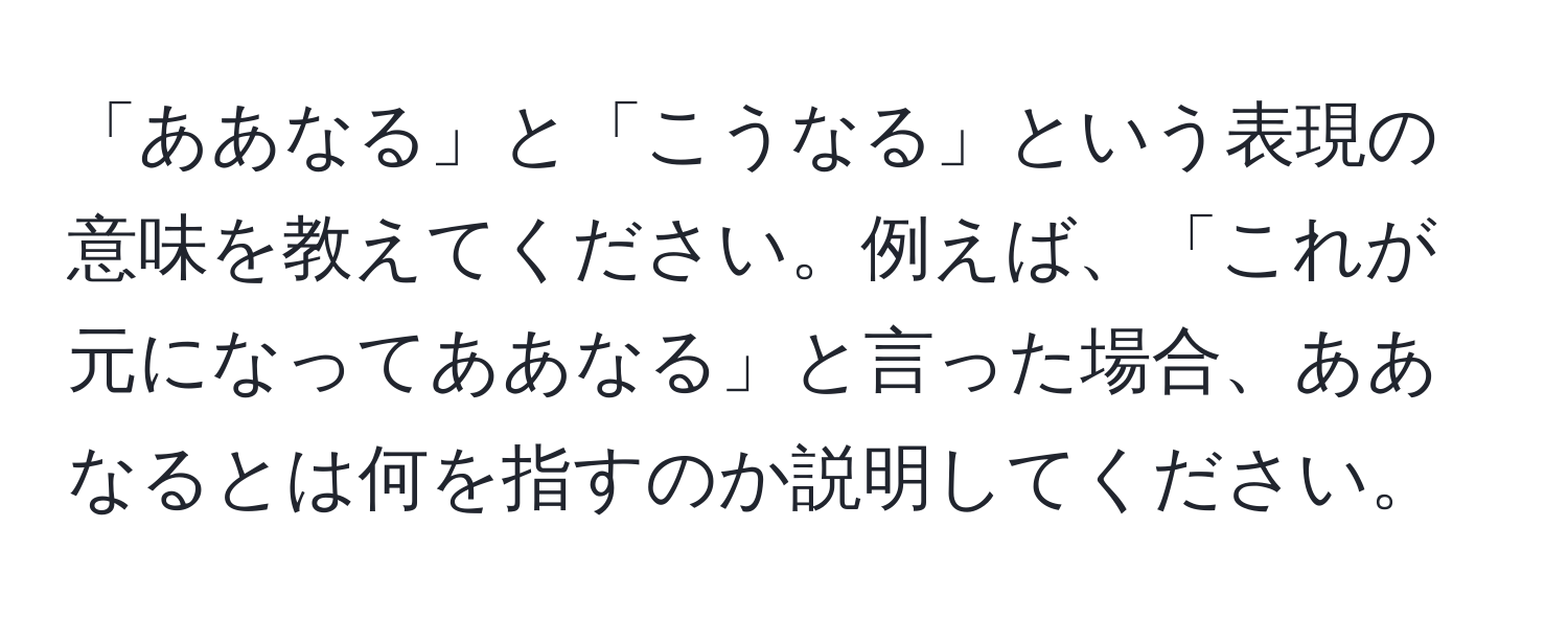 「ああなる」と「こうなる」という表現の意味を教えてください。例えば、「これが元になってああなる」と言った場合、ああなるとは何を指すのか説明してください。