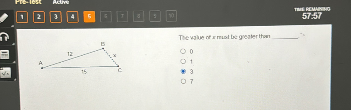Solved: Pre-lest Active TIME REMAINING 1 2 3 4 5 6 7 8 9 10 57:57 The ...