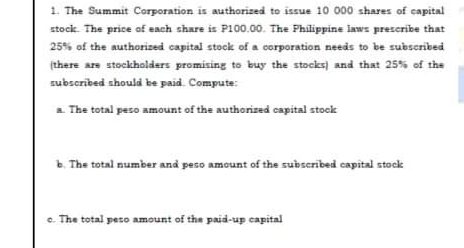 The Summit Corporation is authorized to issue 10 000 shares of capital
stock. The price of each share is P100.00. The Philippine laws prescribe that
25% of the authorized capital stock of a corporation needs to be subscribed
(there are stockholders promising to buy the stocks) and that 25% of the
subscribed should be paid. Compute:
a. The total peso amount of the authorized capital stock
b. The total number and peso amount of the subscribed capital stock
c. The total peso amount of the paid-up capital