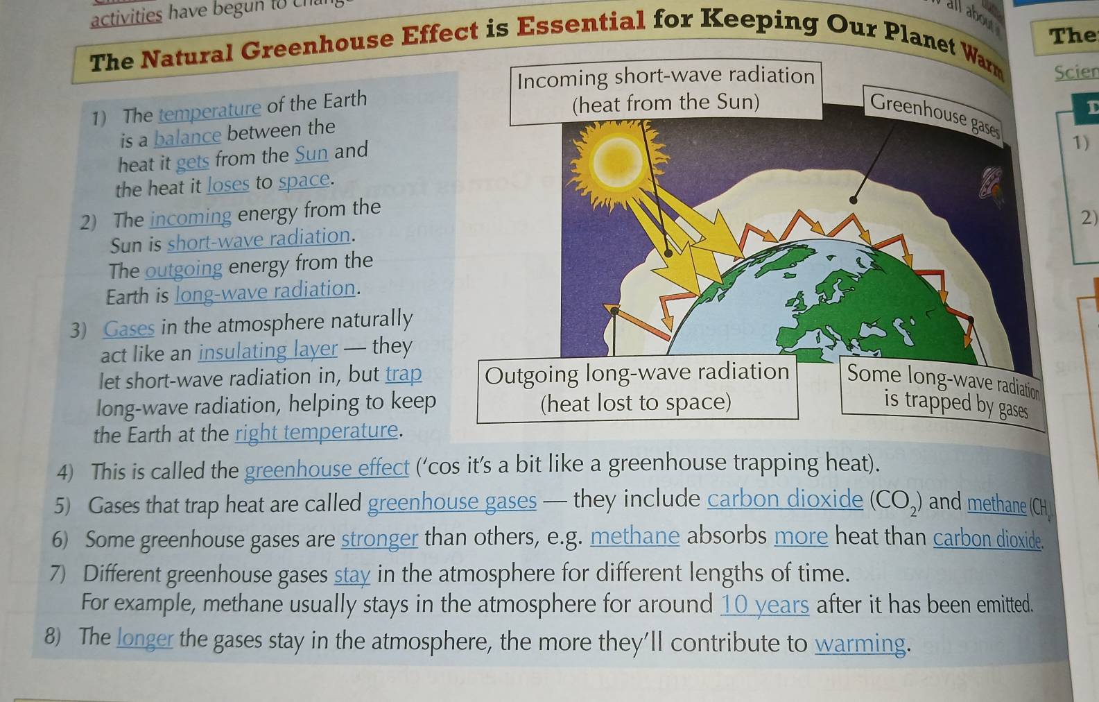 activities have begun to cha all about The 
The Natural Greenhouse Effect is Essential for Keeping Our Plan 
Scien 
1) The temperature of the Earth 
I 
is a e between the 
heat it s from the and 
1) 
the heat it s to ce 
2) The incoming energy from the 
2) 
Sun is sh rt-wave radiation. 
The g energy from the 
Earth is g-wave radiation. 
3) Gases in the atmosphere naturally 
act like an insulati r — they 
let short-wave radiation in, but trap 
long-wave radiation, helping to keep 
the Earth at the right temperature. 
4) This is called the greenhouse effect (‘cos it’s a bit like a greenhouse trapping heat). 
5) Gases that trap heat are called greenhouse gases — they include carbon dioxide (CO_2) and methane (CH
6) Some greenhouse gases are stronger than others, e.g. methane absorbs more heat than carbon dioxide. 
7) Different greenhouse gases stay in the atmosphere for different lengths of time. 
For example, methane usually stays in the atmosphere for around 10 years after it has been emitted. 
8) The longer the gases stay in the atmosphere, the more they'll contribute to warming.