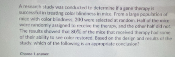 A research study was conducted to determine if a gene therapy is 
successful in treating color blindness in mice. From a large population of 
mice with color blindness, 200 were selected at random. Half of the mice 
were randomly assigned to receive the therapy, and the other half did not. 
The results showed that 80% of the mice that received therapy had some 
of their ability to see color restored. Based on the design and results of the 
study, which of the following is an appropriate conclusion? 
Choose 1 answer: