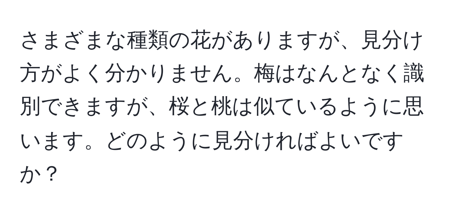 さまざまな種類の花がありますが、見分け方がよく分かりません。梅はなんとなく識別できますが、桜と桃は似ているように思います。どのように見分ければよいですか？