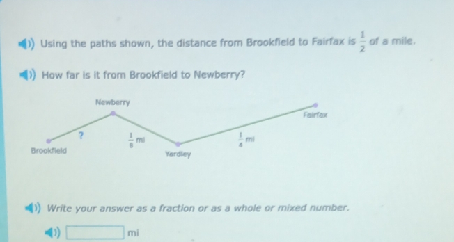 Using the paths shown, the distance from Brookfield to Fairfax is  1/2  of a mile.
How far is it from Brookfield to Newberry?
Write your answer as a fraction or as a whole or mixed number.
D) □ mi