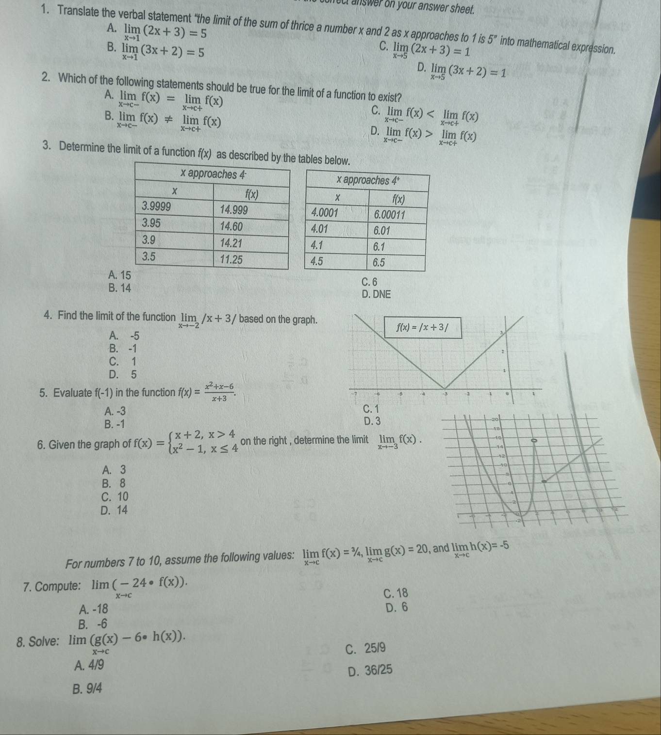 ect answer on your answer sheet.
A. limlimits _xto 1(2x+3)=5
1. Translate the verbal statement “the limit of the sum of thrice a number x and 2 as x approaches to 1 is 5'' into mathematical expression.
C.
B. limlimits _xto 1(3x+2)=5 limlimits _xto 5(2x+3)=1
D. limlimits _xto 5(3x+2)=1
2. Which of the following statements should be true for the limit of a function to exist?
A. limlimits _xto c-f(x)=limlimits _xto c+f(x)
C.
B. limlimits _xto c-f(x)!= limlimits _xto c+f(x) limlimits _xto c-f(x)
D. limlimits _xto c-f(x)>limlimits _xto c+f(x)
3. Determine the limit of a function f(x) as described bables below.
A.
C. 6
B. 14 D. DNE
4. Find the limit of the function limlimits _xto -2/x+3/ based on the graph.
f(x)=/x+3/
A. -5
B. -1
2
C. 1
D. 5
1
5. Evaluate f(-1) in the function f(x)= (x^2+x-6)/x+3 .
·4 -3 1 o 1
A. -3 C. 1
B. -1 D. 3 20
 
6. Given the graph of f(x)=beginarrayl x+2,x>4 x^2-1,x≤ 4endarray. on the right , determine the limit limlimits _xto -3f(x). 40 。
14
42
A. 3
10
3
B. 8
C. 10
D. 14
1 1
-2
For numbers 7 to 10, assume the following values: limlimits _xto cf(x)=^3/_4,limlimits _xto cg(x)=20 , and limlimits _xto ch(x)=-5
7. Compute: lim(-24· f(x)).
Xto C
C. 18
A. -18 D. 6
B. -6
8. Solve: limlimits _xto c(g(x)-6· h(x)).
C. 25/9
A. 4/9
D. 36/25
B. 9/4