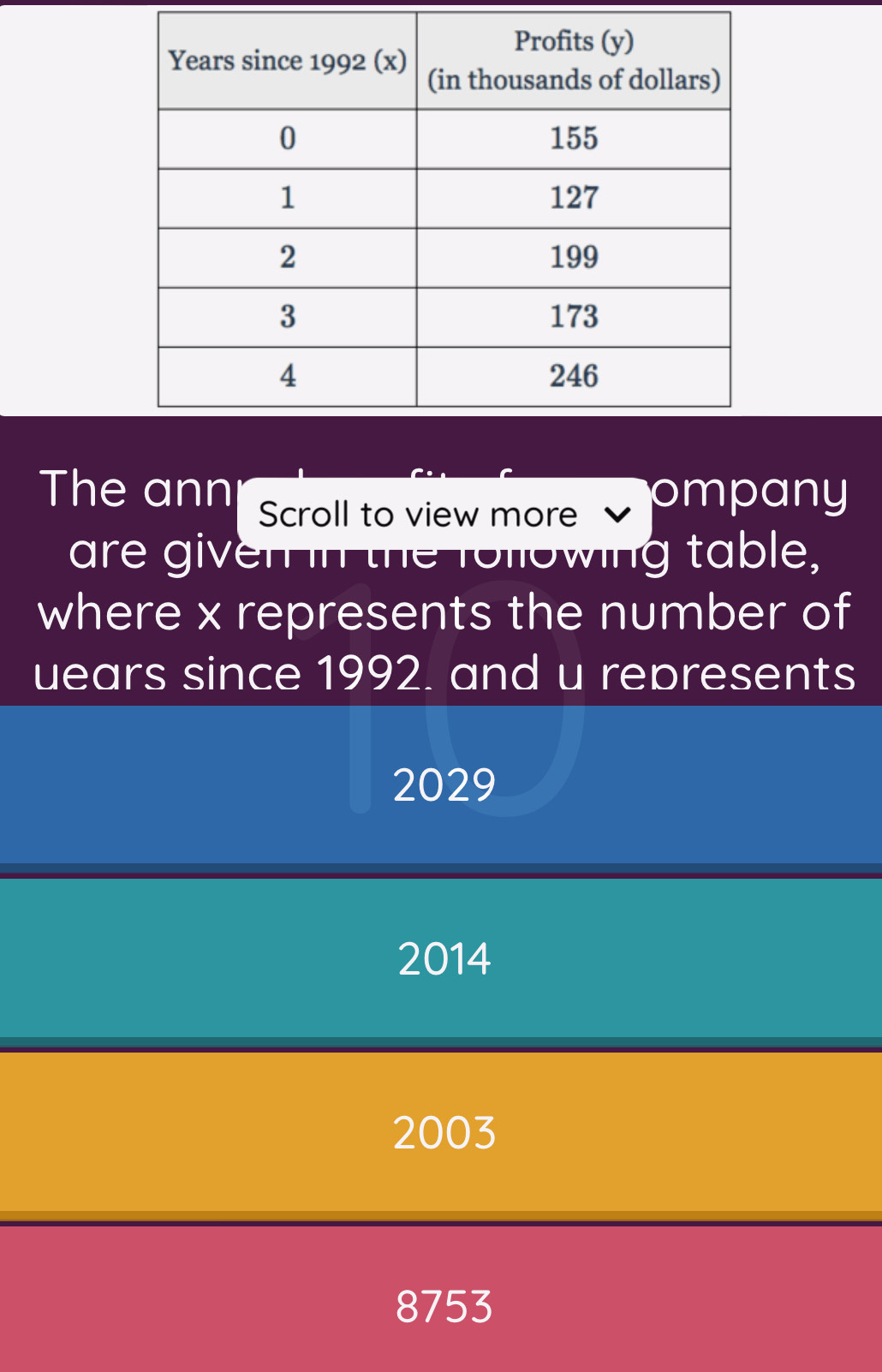 The ann Scroll to view more ompany
are given in the following table,
where x represents the number of
uears since 1992. and u represents
2029
2014
2003
8753