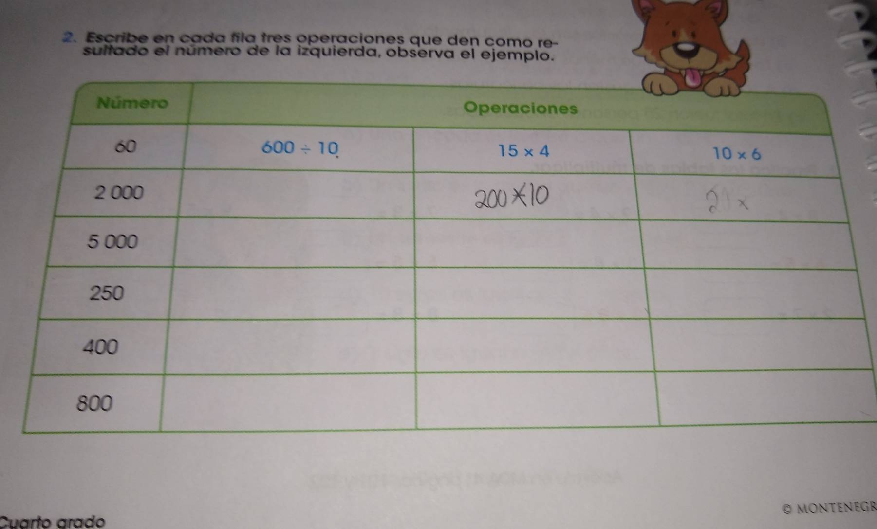 Escribe en cada fila tres operaciones que den como re-
sultado el número de la izquierda, observa el ejemplo.
© monteneGr
Cuarto arado