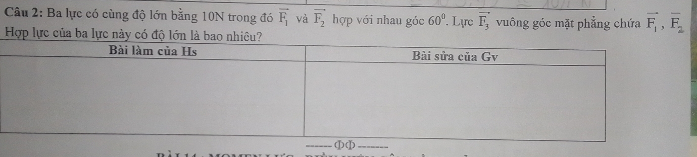 Ba lực có cùng độ lớn bằng 10N trong đó vector F_1 và vector F_2 hợp với nhau góc 60°. Lực vector F_3 vuông góc mặt phẳng chứa vector F_1, vector F_2
Hợp lực của ba lực này có độ lớ