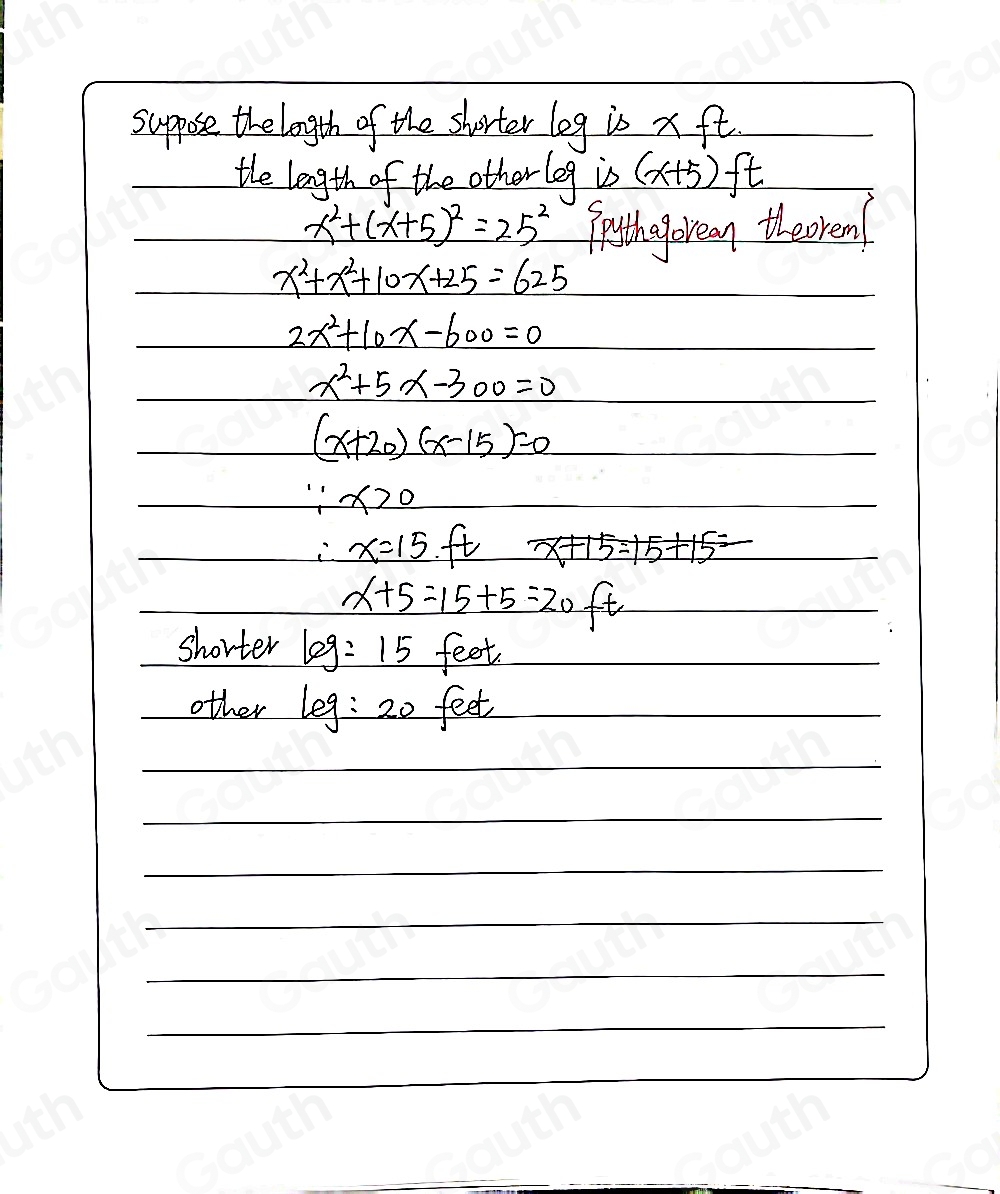 Solved: The shorter leg of a right triangle is 5 feet less than the ...