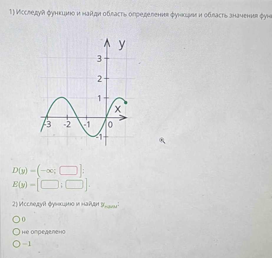 Исследуй φункциюо и найди область определения φункциии область значения φун
D(y)=(-∈fty ;□ ];
E(y)=[□ ;□ ]. 
2) Исследуй φункцηиюοδиα найдиα Ρнаим²
0
не определено
-1