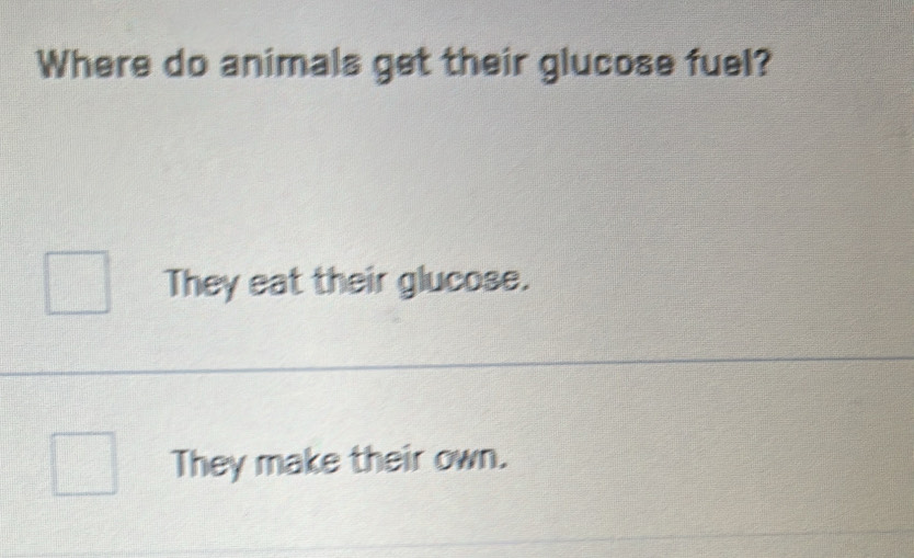 Where do animals get their glucose fuel?
They eat their glucose.
They make their own.