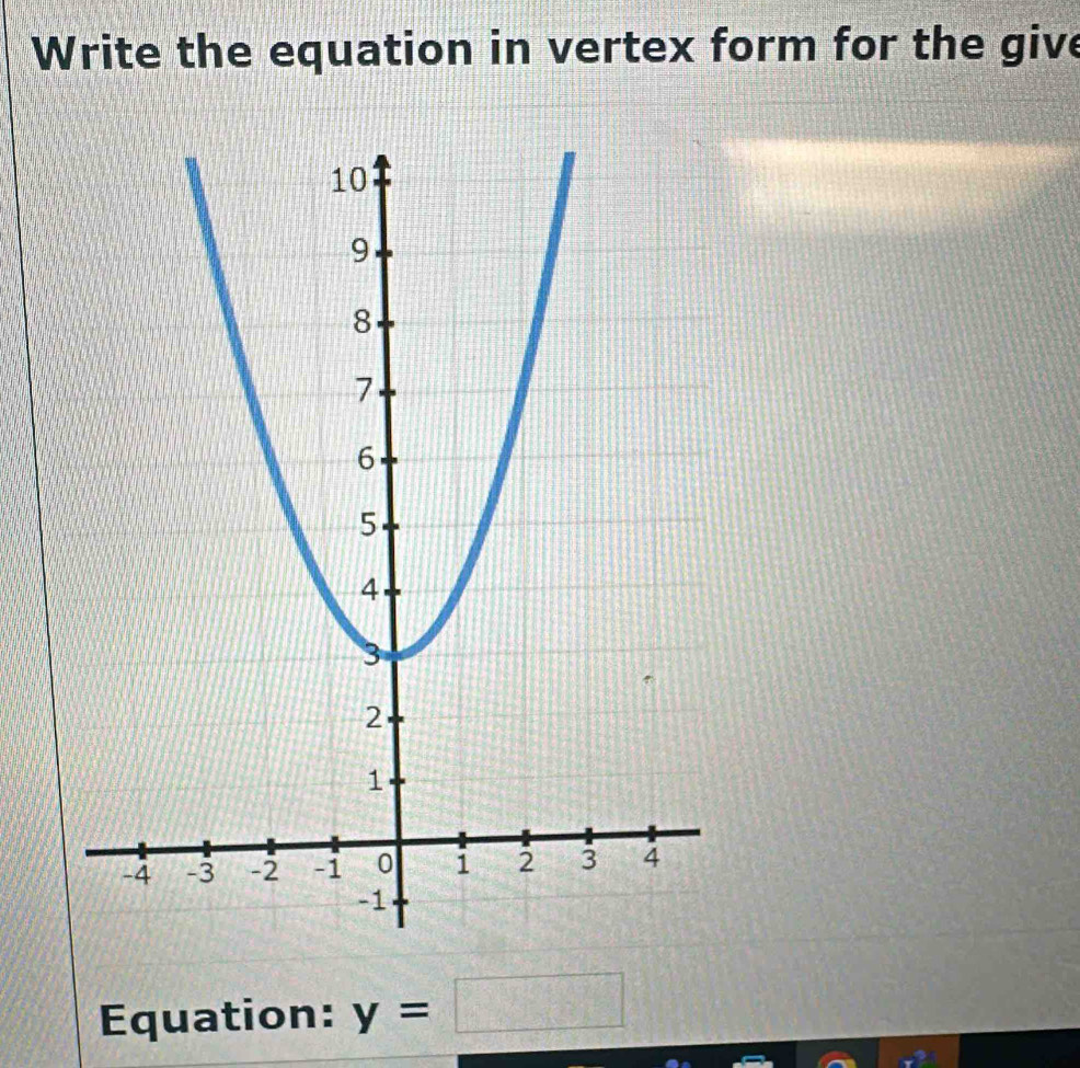 Write the equation in vertex form for the give 
Equation: y=□