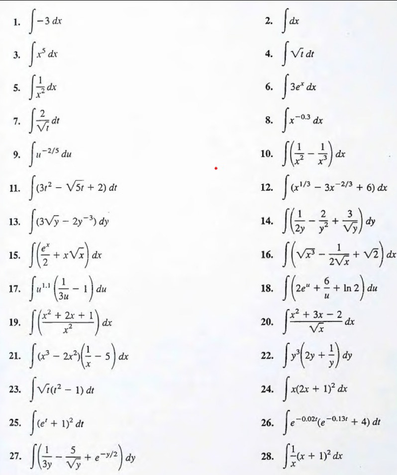 ∈t -3dx ∈t dx
2.
3. ∈t x^5dx ∈t sqrt(t)dt
4.
5. ∈t  1/x^2 dx ∈t 3e^xdx
6.
7. ∈t  2/sqrt(t) dt ∈t x^(-0.3)dx
8.
9. ∈t u^(-2/5)du 10. ∈t ( 1/x^2 - 1/x^3 )dx
11. ∈t (3t^2-sqrt(5)t+2)dt 12. ∈t (x^(1/3)-3x^(-2/3)+6)dx
13. ∈t (3sqrt(y)-2y^(-3))dy 14. ∈t ( 1/2y - 2/y^2 + 3/sqrt(y) )dy
15. ∈t ( e^x/2 +xsqrt(x))dx 16. ∈t (sqrt(x^3)- 1/2sqrt(x) +sqrt(2))dx
17. ∈t u^(1.1)( 1/3u -1)du 18. ∈t (2e^u+ 6/u +ln 2)du
19. ∈t ( (x^2+2x+1)/x^2 )dx 20. ∈t  (x^2+3x-2)/sqrt(x) dx
21. ∈t (x^3-2x^2)( 1/x -5)dx 22. ∈t y^3(2y+ 1/y )dy
23. ∈t sqrt(t)(t^2-1)dt 24. ∈t x(2x+1)^2dx
25. ∈t (e^t+1)^2dt 26. ∈t e^(-0.02t)(e^(-0.13t)+4)dt
27. ∈t ( 1/3y - 5/sqrt(y) +e^(-y/2))dy 28. ∈t  1/x (x+1)^2dx