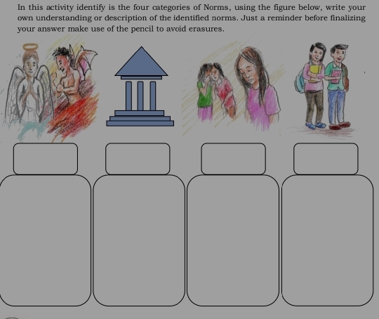 In this activity identify is the four categories of Norms, using the figure below, write your 
own understanding or description of the identified norms. Just a reminder before finalizing 
your answer make use of the pencil to avoid erasures.