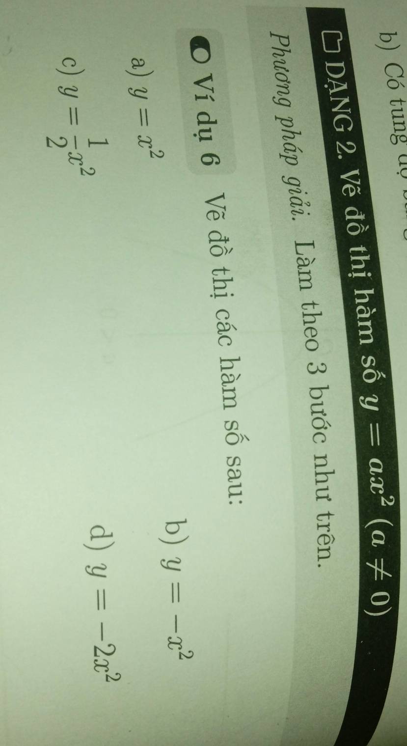 Có tung độ t 
DANG 2. Vẽ đồ thị hàm số y=ax^2(a!= 0)
Phương pháp giải. Làm theo 3 bước như trên. 
Ví dụ 6 Vẽ đồ thị các hàm số sau: 
b) y=-x^2
a) y=x^2
c) y= 1/2 x^2
d) y=-2x^2