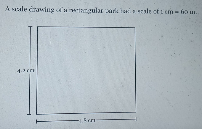 A scale drawing of a rectangular park had a scale of 1cm=60m.