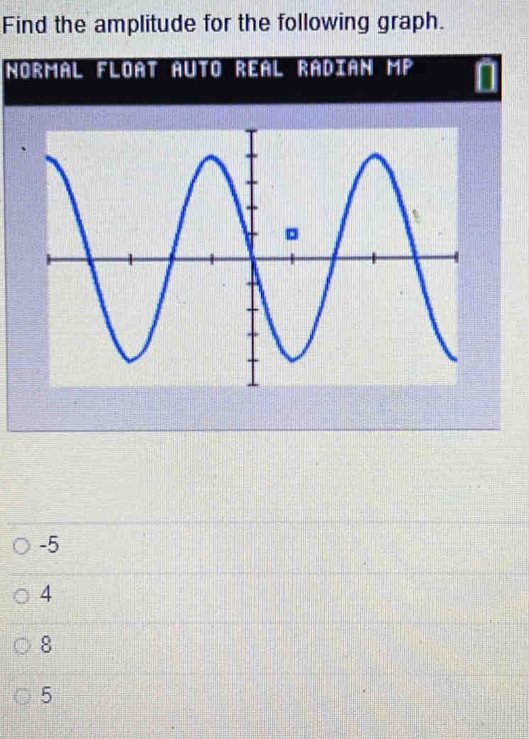 Find the amplitude for the following graph.
Normal Float auto Real Radian mP
-5
4
8
5