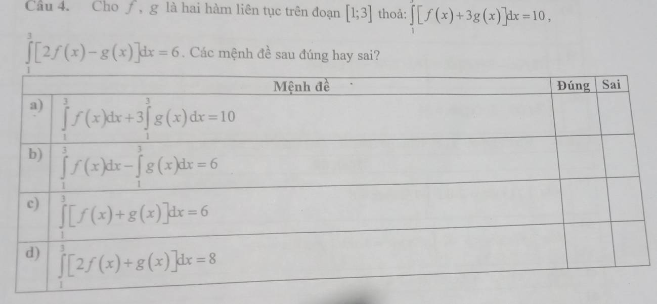 Cầu 4. Cho ƒ, g là hai hàm liên tục trên đoạn [1;3] thoả: ∈tlimits _1[f(x)+3g(x)]dx=10,
∈tlimits _1^3[2f(x)-g(x)]dx=6. Các mệnh đề sau đúng hay sai?