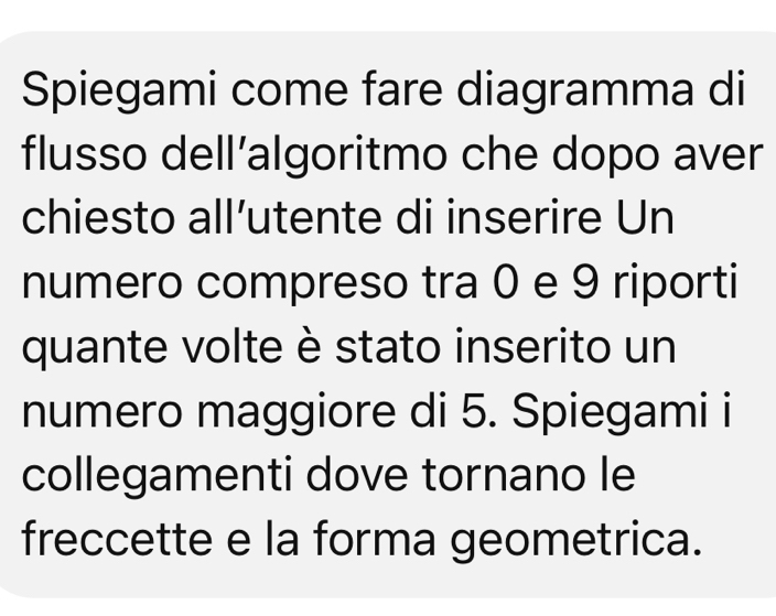 Spiegami come fare diagramma di 
flusso dell’algoritmo che dopo aver 
chiesto all’utente di inserire Un 
numero compreso tra 0 e 9 riporti 
quante volte è stato inserito un 
numero maggiore di 5. Spiegami i 
collegamenti dove tornano le 
freccette e la forma geometrica.