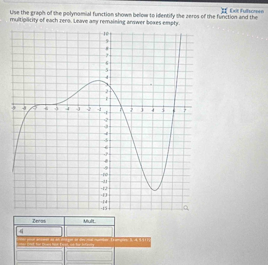 Exit Fullscreen 
Use the graph of the polynomial function shown below to identify the zeros of the function and the 
multiplicity of each zero. Leave any remaining answer boxes empty. 
Zeros Mult.
-6|
Enter your answer as an integer or decimal number. Examples: 3, -4, 5.5172
Enter DNE for Does Not Exist, ao for Infinity
