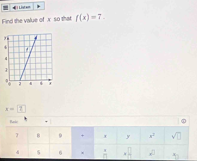 Listen 
Find the value of x so that f(x)=7.
x=boxed 7
Basic 0
7 8 9 + x y x^2 sqrt(□ )
4 5 6 ×  x/□   *  □ /□   x^(□) (n