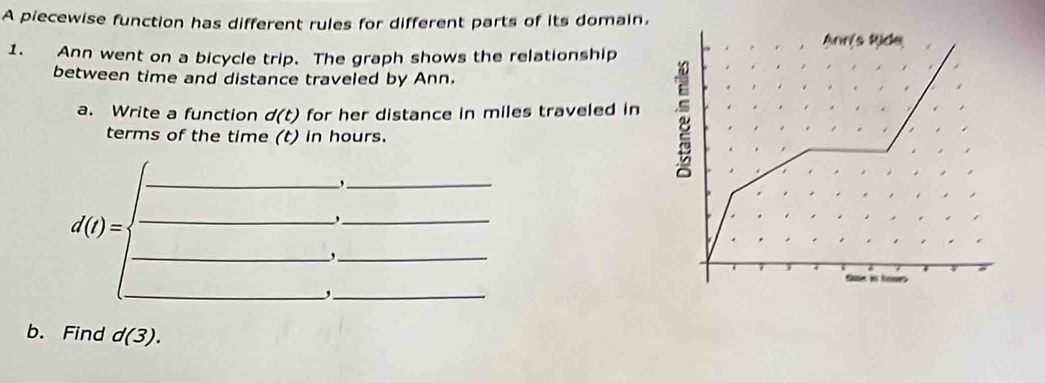 A piecewise function has different rules for different parts of its domain, 
1. Ann went on a bicycle trip. The graph shows the relationship 
between time and distance traveled by Ann. 
a. Write a function d(t ) for her distance in miles traveled in 
terms of the time (t) in hours. 
__, 
_ d(t)=
_, 
_ 
_ 
, 
_ 
_, 
b. Find d(3).