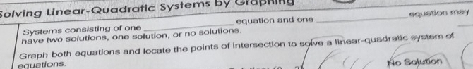 Solving Linear-Quadratic Systems by Graphing
Systems consisting of one _equation and one _equation may
have two solutions, one solution, or no solutions.
Graph both equations and locate the points of intersection to solve a linear-quadratic syster of
equations.
No Solution