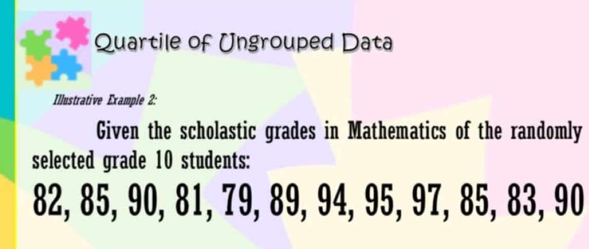 Quartile of Ungrouped Data 
Illustrative Example 2: 
Given the scholastic grades in Mathematics of the randomly 
selected grade 10 students:
82, 85, 90, 81, 79, 89, 94, 95, 97, 85, 83, 90