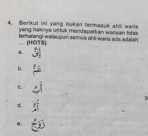 Berikut ini yang bukan termasuk ahli waris
yang haknya untuk mendapatkan warisan tidak
terhalangi walaupun semua ahli waris ada adalah
... (HOTS)
a.
b.
C.
9
d.
e.