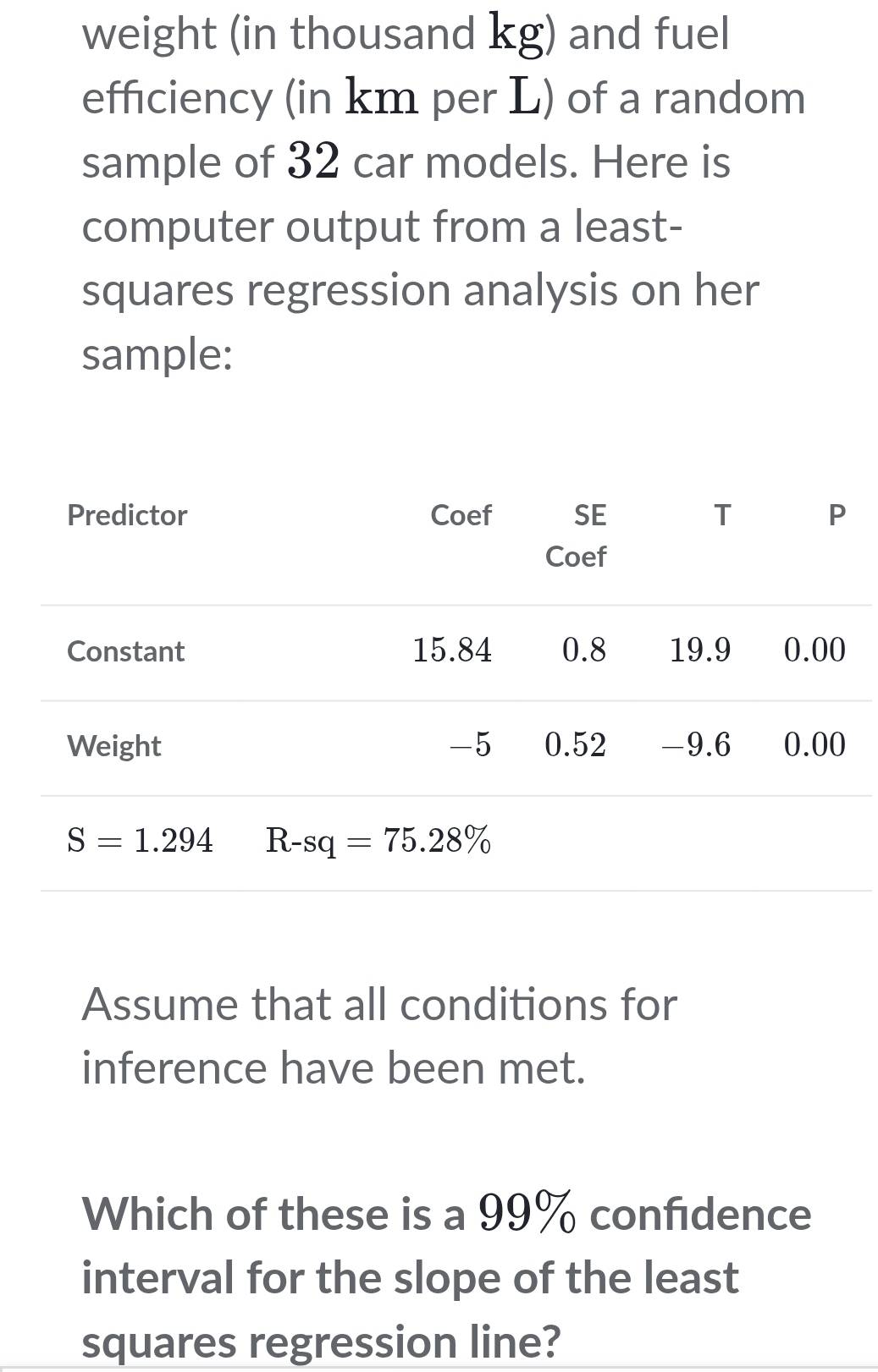 weight (in thousand kg) and fuel
efficiency (in km per L) of a random
sample of 32 car models. Here is
computer output from a least-
squares regression analysis on her
sample:
Assume that all conditions for
inference have been met.
Which of these is a 99% confdence
interval for the slope of the least
squares regression line?