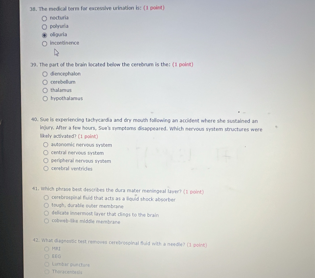 The medical term for excessive urination is: (1 point)
nocturia
polyuria
oliguria
incontinence
39. The part of the brain located below the cerebrum is the: (1 point)
diencephalon
cerebellum
thalamus
hypothalamus
40. Sue is experiencing tachycardia and dry mouth following an accident where she sustained an
injury. After a few hours, Sue's symptoms disappeared. Which nervous system structures were
likely activated? (1 point)
autonomic nervous system
central nervous system
peripheral nervous system
cerebral ventricles
41. Which phrase best describes the dura mater meningeal layer? (1 point)
cerebrospinal fluid that acts as a liquid shock absorber
tough, durable outer membrane
delicate innermost layer that clings to the brain
cobweb-like middle membrane
42. What diagnostic test removes cerebrospinal fluid with a needle? (1 point)
MRI
EEG
Lumbar puncture
Thoracentesis