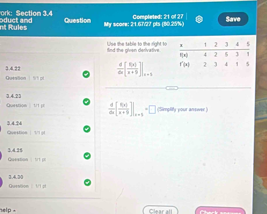 ork: Section 3.4
oduct and Question Completed: 21 of 27 Save
nt Rules My score: 21.67/27 pts (80.25%)
Use the table to the right to
find the given derivative.
 d/dx [ f(x)/x+9 ]|_x=5
3.4.22 
Question | 1/1 pt
3.4.23
Question  | 1/1 pt
 d/dx [ f(x)/x+9 ]|_x=5=□ (Simplify your answer.)
3.4.24
Question | 1/1 pt
3.4.25
Question | 1/1 pt
3.4.30
Question | 1/1 pt
help Clear all