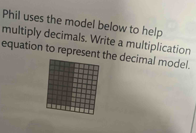 Phil uses the model below to help 
multiply decimals. Write a multiplication