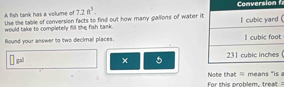 Conversion fa 
A fish tank has a volume of 7.2ft^3. 
Use the table of conversion facts to find out how many gallons of water it 
would take to completely fill the fish tank. ( 
Round your answer to two decimal places. t 
gal × ( 
Note that ≈ means "is a 
For this problem, treat