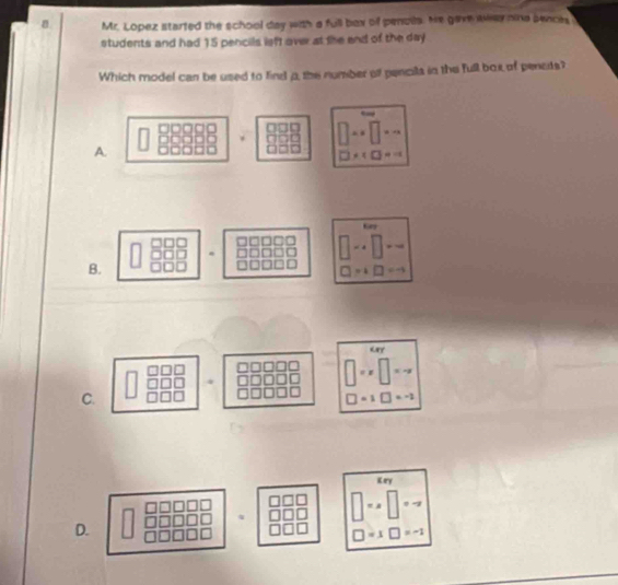 a Mr. Lopez started the school day with a full bax of penuila. He gave away nina sences
students and had 15 pencills leff over at the end of the day
Which model can be used to find a the number of pencila in the full box of pencts?

.
A.
Kry
B.
aey
C.
= 
Kery
D.
=1