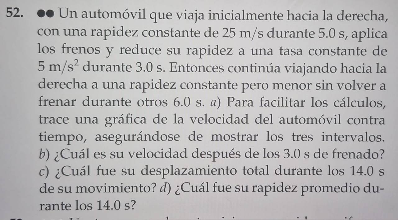 Un automóvil que viaja inicialmente hacia la derecha, 
con una rapidez constante de 25 m/s durante 5.0 s, aplica 
los frenos y reduce su rapidez a una tasa constante de
5m/s^2 durante 3.0 s. Entonces continúa viajando hacia la 
derecha a una rapidez constante pero menor sin volver a 
frenar durante otros 6.0 s. @) Para facilitar los cálculos, 
trace una gráfica de la velocidad del automóvil contra 
tiempo, asegurándose de mostrar los tres intervalos. 
b) ¿Cuál es su velocidad después de los 3.0 s de frenado? 
c) ¿Cuál fue su desplazamiento total durante los 14.0 s
de su movimiento? d) ¿Cuál fue su rapidez promedio du- 
rante los 14.0 s?