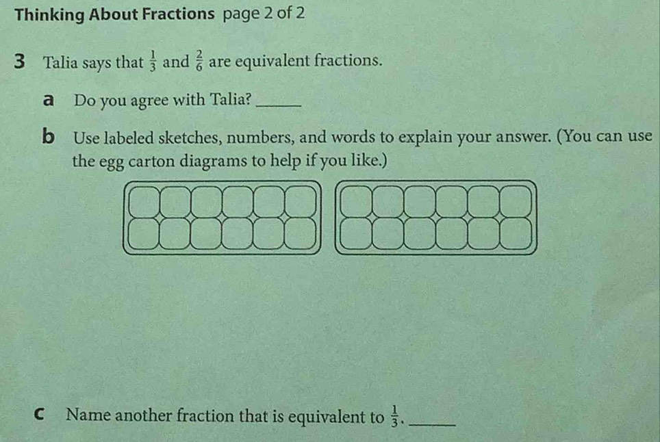 Thinking About Fractions page 2 of 2 
3 Talia says that  1/3  and  2/6  are equivalent fractions. 
a Do you agree with Talia?_ 
b Use labeled sketches, numbers, and words to explain your answer. (You can use 
the egg carton diagrams to help if you like.) 
CName another fraction that is equivalent to  1/3 . _