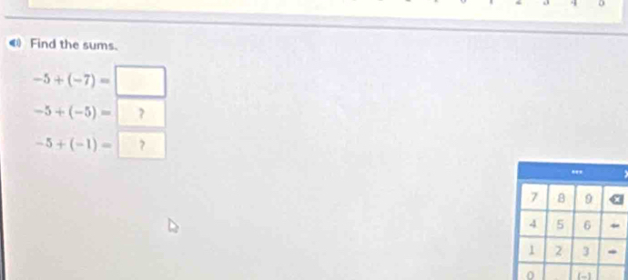 ◀ Find the sums.
-5+(-7)=□
-5+(-5)= ?
-5+(-1)= ? 
0 -