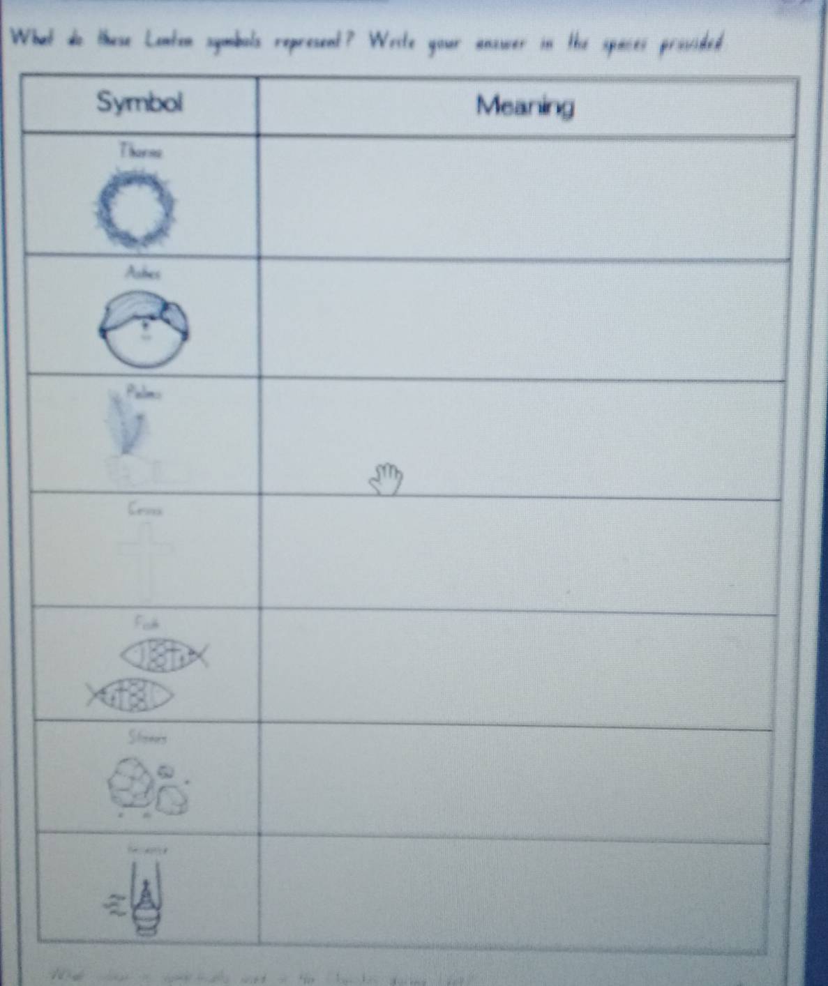 What do these Lenten symbols represent? Write your anwer in the spaces provided