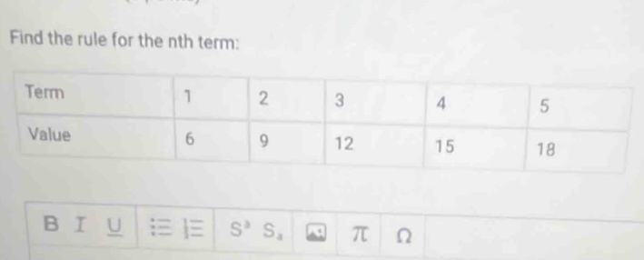 Find the rule for the nth term: 
B I U ; S^3 S_4 π Ω