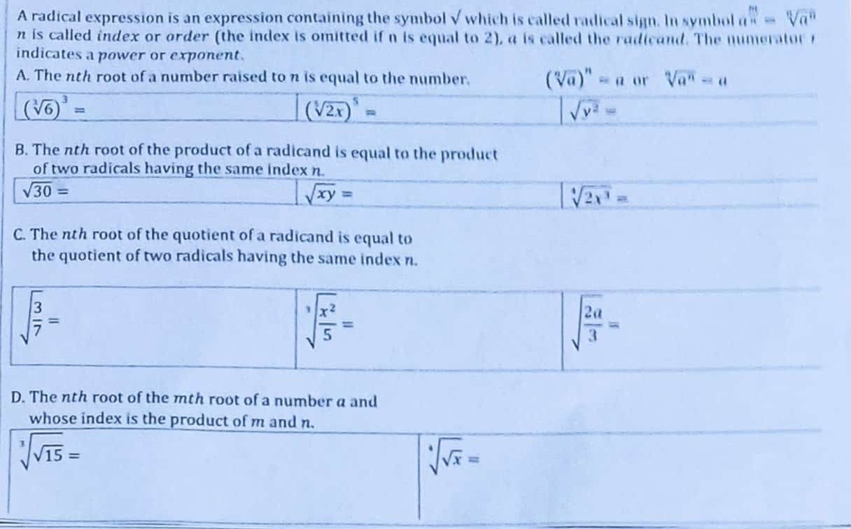 Solved: A radical expression is an expression containing the symbol ...
