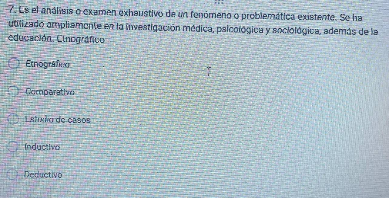 Es el análisis o examen exhaustivo de un fenómeno o problemática existente. Se ha
utilizado ampliamente en la investigación médica, psicológica y sociológica, además de la
educación. Etnográfico.
Etnográfico
Comparativo
Estudio de casos
Inductivo
Deductivo