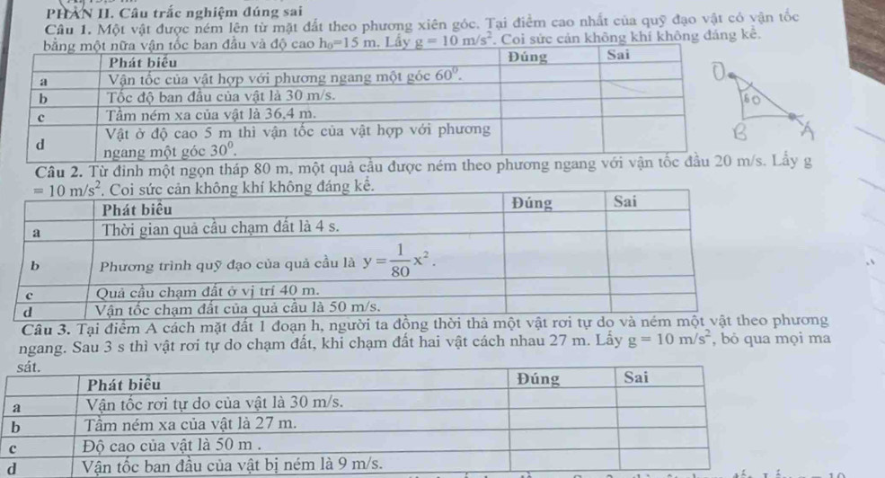 PHAN II. Câu trắc nghiệm đúng sai
Câu 1. Một vật được ném lên từ mặt đất theo phương xiên góc. Tại điểm cao nhất của quỹ đạo vật cỏ vận tốc
đầu và độ cao h_0=15m. Lầy _ g=10m/s^2. Coi sức cản không khí không đảng kê.
Cầu 2. Từ đinh một ngọn tháp 80 m, một quả cầu được ném thầy g
Câu 3. Tại điểm A cách mặt đất 1 đoơng
ngang. Sau 3 s thì vật rơi tự do chạm đất, khi chạm đất hai vật cách nhau 27 m. Lấy g=10m/s^2 , bỏ qua mọi ma