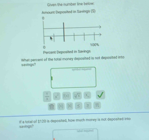 Given the number line below: 
Amount Deposited in Savings ($)
0
100%
0 
Percent Deposited in Savings 
What percent of the total money deposited is not deposited into 
savings? 
symbol required
 Y/X  x^2 f(x) sqrt[n](x) X_n
a X < > π
If a total of $120 is deposited, how much money is not deposited into 
savings? 
label required