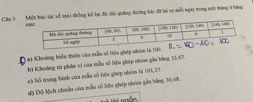 Một bác tài xế taxi thống kê lại độ dài quãng đường bác đã lái xe mỗi ngày trong một tháng ở bảng
a) Khoảng biến thiên của mẫu số liệu ghép nhóm là 
b) Khoảng tứ phân vị của mẫu số liệu ghép nhóm gần bằng 33,67 .
c) Số trung bình của mẫu số liệu ghép nhóm là 101,27 .
d) Độ lệch chuẩn của mẫu số liệu ghép nhóm gần bằng 30,68.
lời ngắn.