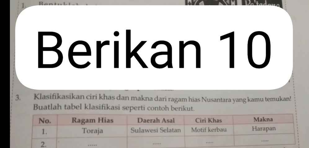 Berikan 1( ^ 
3. Klasifikasikan ciri khas dan makna dari ragam hias Nusantara yang kamu temukan! 
Buatlah tabel klasifikasi seperti contoh berikut.