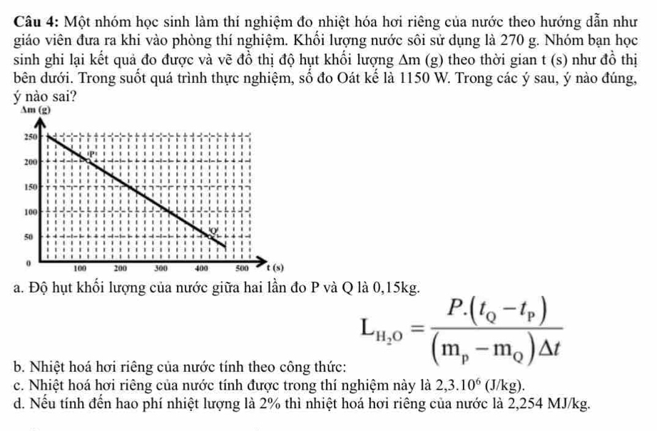 Một nhóm học sinh làm thí nghiệm đo nhiệt hóa hơi riêng của nước theo hướng dẫn như
giáo viên đưa ra khi vào phòng thí nghiệm. Khối lượng nước sôi sử dụng là 270 g. Nhóm bạn học
sinh ghi lại kết quả đo được và vẽ đồ thị độ hụt khối lượng Am (g) theo thời gian t t ( S ) như đồ thị
bên dưới. Trong suốt quá trình thực nghiệm, số đo Oát kế là 1150 W. Trong các ý sau, ý nào đúng,
ý nào sai?
a. Độ hụt khối lượng của nước giữa hai lần đo P và Q là 0,15kg.
b. Nhiệt hoá hơi riêng của nước tính theo công thức:
L_H,0=frac P.(t_Q-t_P)(m_P-m_Q)△ t
c. Nhiệt hoá hơi riêng của nước tính được trong thí nghiệm này là 2, 3.10^6 (J/kg).
d. Nếu tính đến hao phí nhiệt lượng là 2% thì nhiệt hoá hơi riêng của nước là 2,254 MJ/kg.